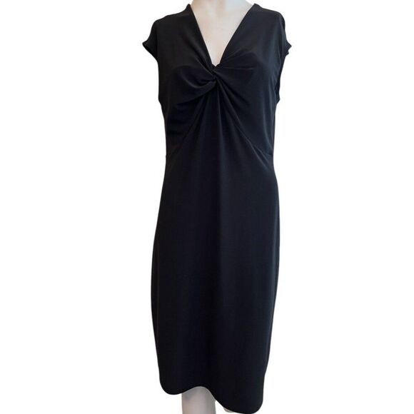 Lauren Ralph Lauren Large Black Sheath Dress Sleeveless Stretch Knotted V Neck - Picture 1 of 3